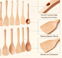 Ensemble de 12 ustensiles de cuisine en bois de hêtre, spatule et cuillère en bois naturel, résistants à la chaleur, pour poêles antiadhésives