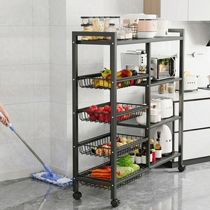 Chariot de rangement de <span class=keywords><strong>cuisine</strong></span> mobile à 4 niveaux en acier au carbone moderne avec 4 paniers et étagère à poignée pour fruits et légumes - Product Image 2