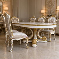Ensemble de table à manger ovale classique européenne, blanc et or, meubles de salle à manger sculptés, chaises rembourrées pour la maison et la villa