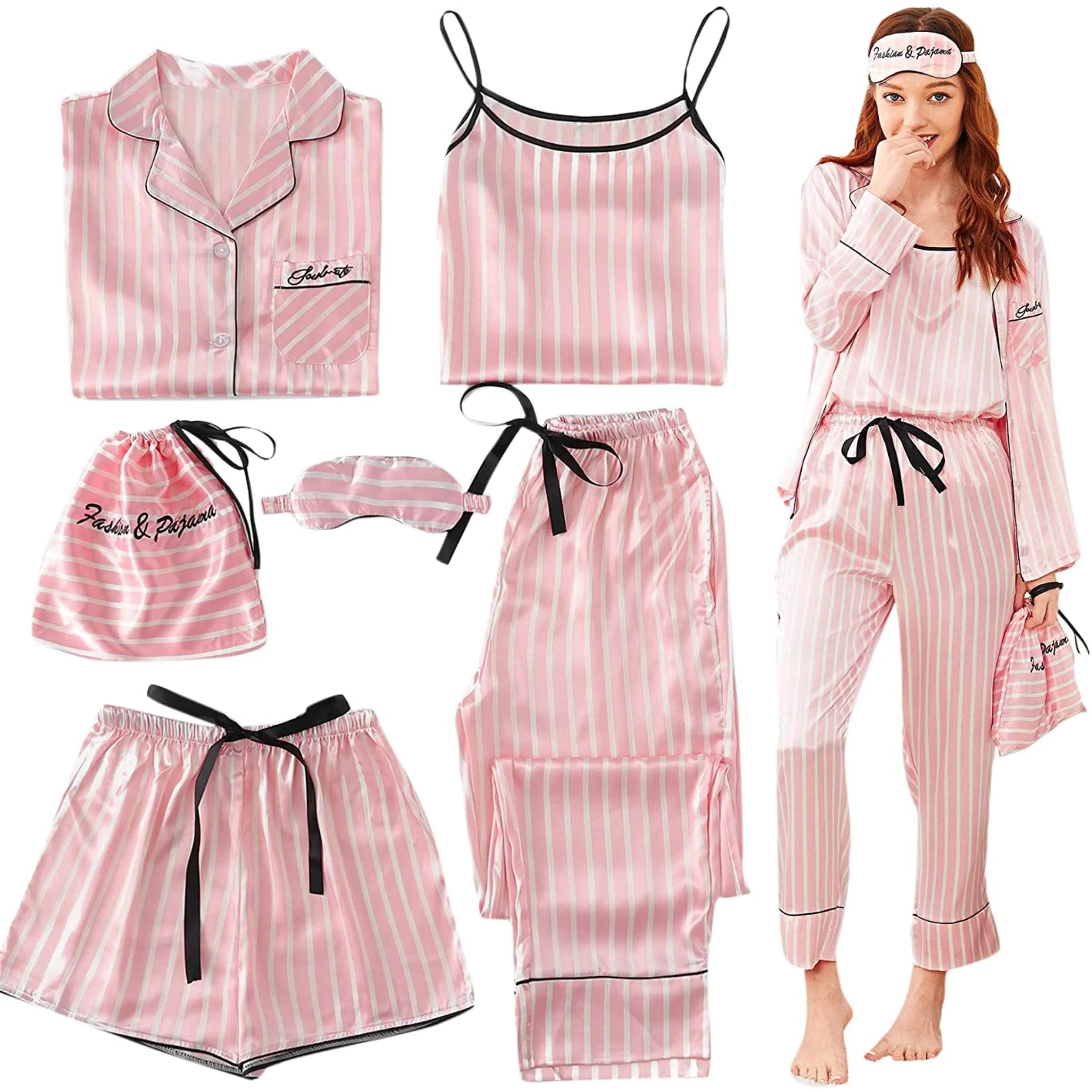 7 Pcs Sets Satin Women Pajamas Silk Nighty Elegant Print Shorts Long Sleeve Striped Sleepwear Silk Suits Sex nighty