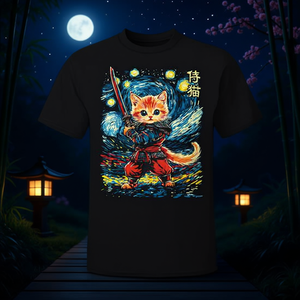 Camiseta estilo noche estrellada con diseño de gato samurái ninja japonés, unisex para adultos - Product Image 3