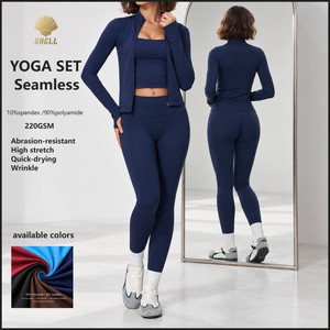 Nahtloses 3-Teiliges Workout-Set Jacke mit Reißverschluss und Daumenlöchern Gepolstertes Racerback-Top und Gym-Leggings Yoga-Set - Product Image 1