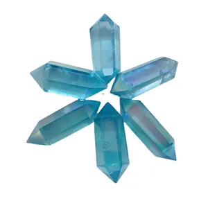 Placca all'ingrosso aura clear quartz blue crystal double points aura clear strip healing gem crystal crafts quartz in vendita