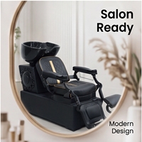 Fauteuil de lavage moderne noir et or pour salon de coiffure, unité de lavage ergonomique inclinable avec repose-pieds, mobilier de salon durable