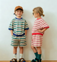 Ensembles courts rayés multicolores pour bébés garçons et filles, 100% coton, t-shirt et short d'été, tenue 2 pièces