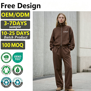 Women Two Piece Sportswear Long Sleeve Full Zip High Collar Sweatshirt Elastic Waist Wide Leg <b>Trousers</b> Custom Logo Suit - Product Image 1