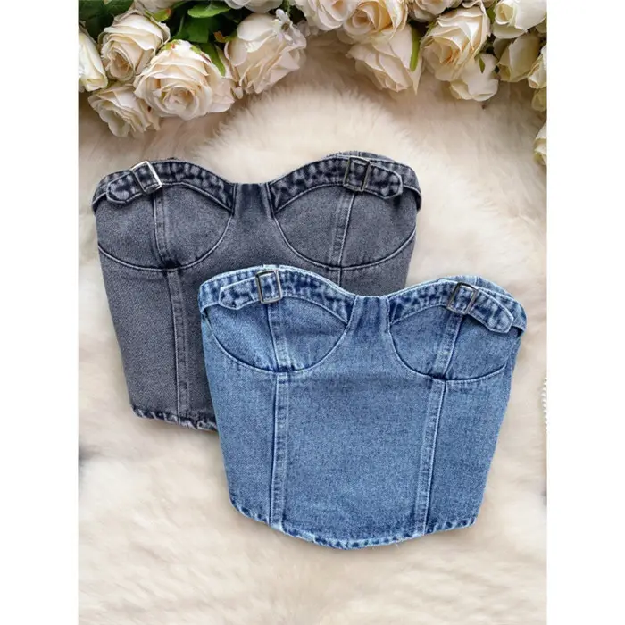 Kadınlar için fabrika sıcak kız yeni varış üst şehvetli Bandeau Slim Fit kısa kesim Retro Denim Wrap-Around büstiyer mükemmel üst