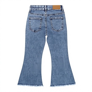 Girls Stonewashed Denim Flare <b>Jeans</b> High <b>Waist</b> Embroidered Hem Casual Spring Style Regular Fit Cotton Fabric - Product Image 1