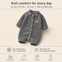 Combinaison bébé tricotée Kaiyue à manches longues, col polo, broderie ours, combinaison pour nourrissons, vente en gros, fournisseur OEM ODM de vêtements pour bébés