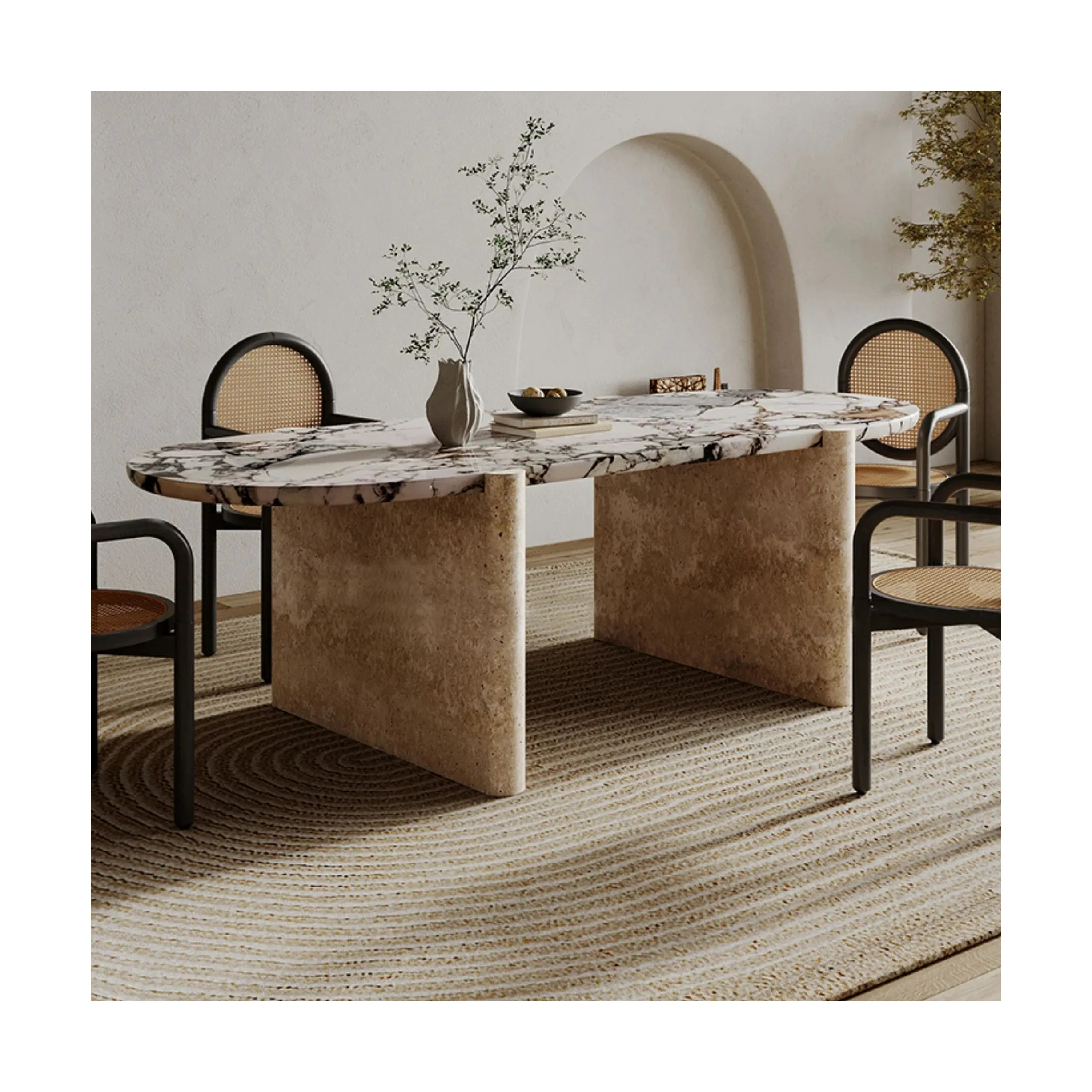 SHIHUI özelleştirilmiş lüks yemek odası mobilyası Modern doğal Oval mermer traverten yemek masası 6 koltuklu