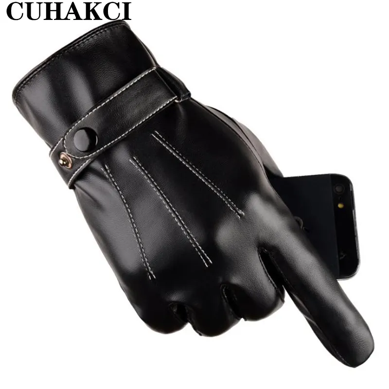 CUHAKCI Men Leather Gloves Autumn Winter Warm Touch Screen Full Finger Black Gloves Fashion High Quality Waterproof Gloves