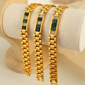 Pulsera de acero inoxidable dorado con piedras esmeralda, negras y transparentes, diseño geométrico, regalo de joyería unisex - Product Image 2