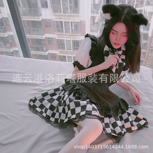 Black And White Checkered Maid Costume Plus Size Cosplay Outfit For Game Anime Role Playing Spring 2023 - Product Image 2
