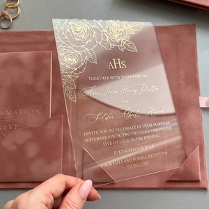 Invitation de <span class=keywords><strong>mariage</strong></span> en velours <span class=keywords><strong>rose</strong></span> poudré avec insert en acrylique gravé, folio de luxe en terre cuite pour suite romantique bohème désert chic - Product Image 4