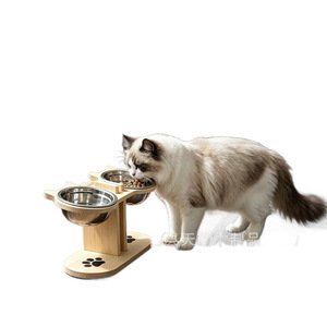 Comedero doble de madera para gatos con soporte, protector de cuello de acero inoxidable, soporte para cuencos de comida para mascotas, comedero para gatos, antideslizante - Product Image 5