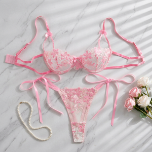 Wholesale Pink Floral Embroidery Lace Lingerie <b>Set</b> <b>Sexy</b> Sheer Mesh Underwire Bra and Tie Side Thong Panties <b>Set</b> <b>Sexy</b> Bra <b>Set</b> - Product Image 1