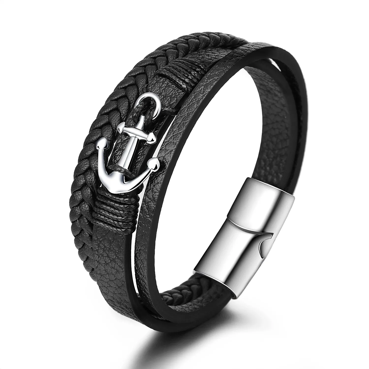 Punk Handmade Woven Rope Titanium Alloy Anchor Leather Bracelet Men Cuffs Stainless Steel Designs Charms