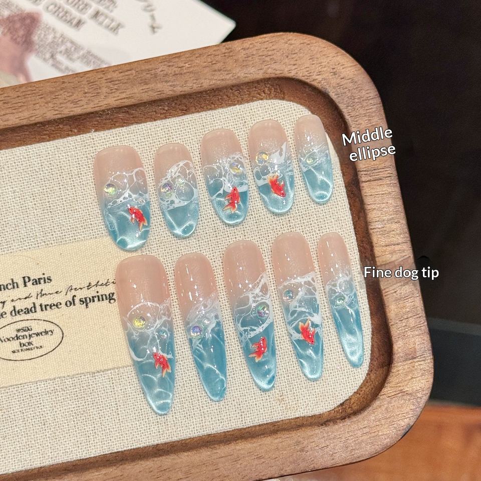 A001 Press-On Wearable Nails [Glacier Koi] Water-Blue Underwater Wave ...