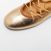 Ballerines métalliques à lacets pour femmes, chaussures décontractées à bout rond en cuir véritable