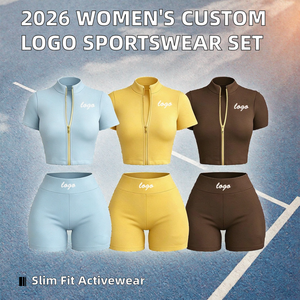 Conjunto Deportivo de <span class=keywords><strong>Verano</strong></span> para <span class=keywords><strong>Mujer</strong></span>, Estilo Urbano, Color Sólido, Cierre de Cremallera, Corte Ajustado, Secado Rápido, Chaqueta de Tres Piezas, Pantalones Cortos, Ropa Deportiva, Personalizable OEM - Product Image 2