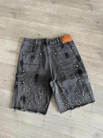 Shorts d'été pour hommes Difan Custom West Coast, style streetwear, taille mi-haute, coupe ample, avec effet usé, délavé à la barbe et orné de perles