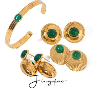 Elegant Gold Green Agate Oval <b>Earrings</b> Bezel Setting Stainless Steel <b>Post</b> Everyday Wear Fine Jewelry Set - Product Image 5
