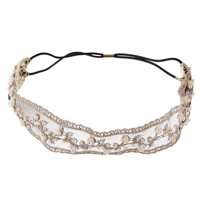 Trendy Lace Headbands With Pearl Beaded For Women Korean Beige Elastic Ribbon Flower Style Non Slip Hair Bands Bridal Headwear