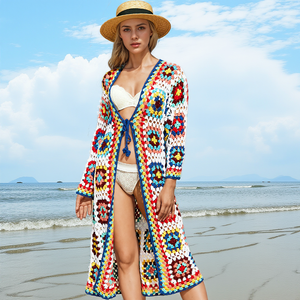 Boho Cardigan Hand Knitted Clothing Crochet <strong>Afghan</strong> <strong>Coat</strong> Long Patchwork Design Kaftan - Product Image 4