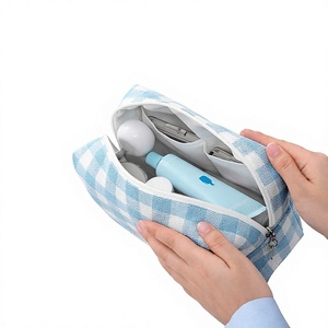 Bolsa de Cosméticos a Cuadros, Estuche de Maquillaje de Viaje con Cierre de Cremallera, Asa Suave, Pequeña y Portátil, de Poliéster Impermeable y Ecológico - Product Image 6