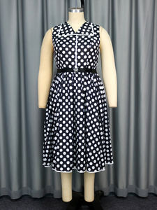 AOMEIラペルカラーノースリーブサマーサンドレスカジュアルブラックホワイト水玉ドレスベルト付き - Product Image 4