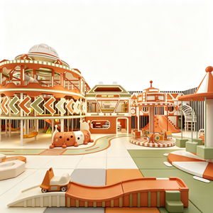 Aire de jeux intérieure commerciale douce pour enfants, aux tons orange et beige, avec toboggans, piscine à balles, manèges rotatifs et espace de jeu de rôle, pour centre commercial - Product Image 3