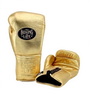 No Boxing No Life, gants de boxe personnalisés dorés pour adultes unisexes, à lacets, en cuir de vache véritable, pour l'entraînement - Product Image 1