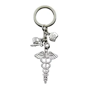 الأزياء 30 مللي متر مفتاح سلسلة المفاتيح مجوهرات الفضة صولجان هرمس الطبية رمز حاقن الطب طبيب قلادة