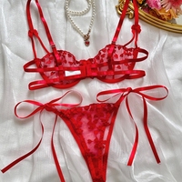 Ensemble de soutien-gorge push-up romantique en dentelle et maille, lingerie sexy avec motif de cœur brodé, lingerie transparente pour femmes, Saint-Valentin