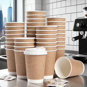 Gobelets à café en papier jetables à double paroi de 12 oz en papier kraft couleur en stock, gobelets à café à emporter avec couvercles - Product Image 1