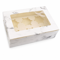 Boîte à dessert personnalisée en carton recyclé avec fenêtre transparente, accent doré et insert en éponge pour ensembles de biscuits, pâtisseries et gâteaux