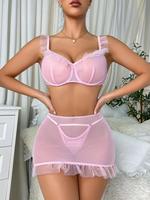 Nouvelle lingerie sexy en maille 3 pièces avec jupe, robe, string pour filles et femmes, transparente, érotique