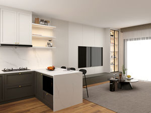 Ensembles complets d'armoires de cuisine prêts à assembler, style européen, avec rangement en verre pour cuisine en contreplaqué avec îlot et évier - Product Image 5