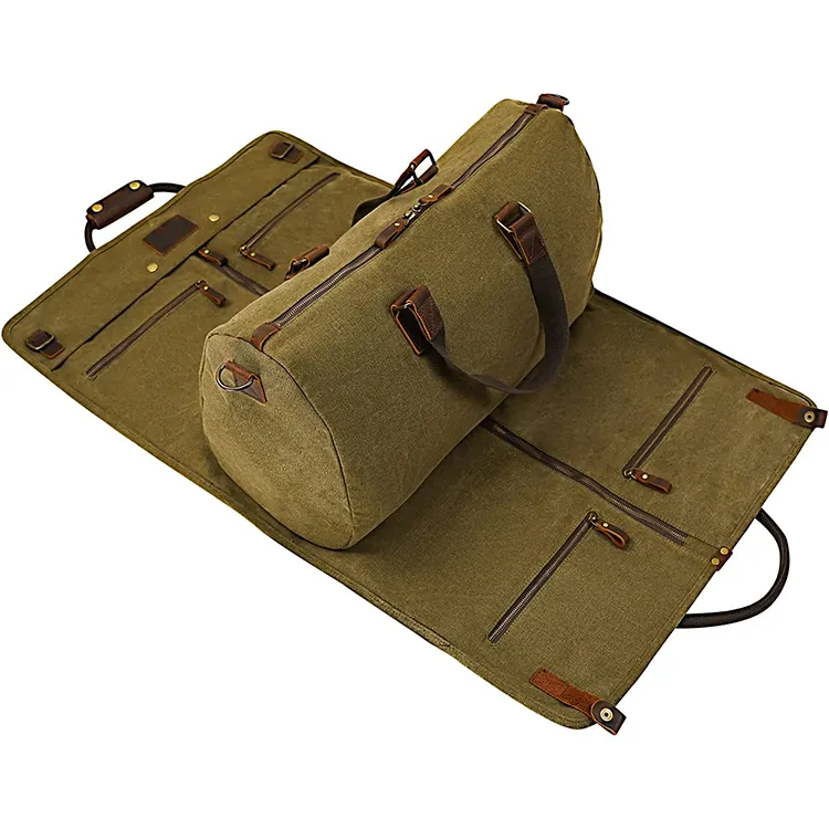 Hot sale 2 in 1 Canvas Leather Rolling Garment Bag Luggage Suitcase Carry on Garment Duffel Bags for Travel and Business Trips
