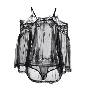 Ensemble de chemise de nuit en dentelle à épaules dénudées, lingerie transparente en maille, manches longues, noir et blanc, 2 pièces, vêtements de nuit doux pour femmes - Product Image 2