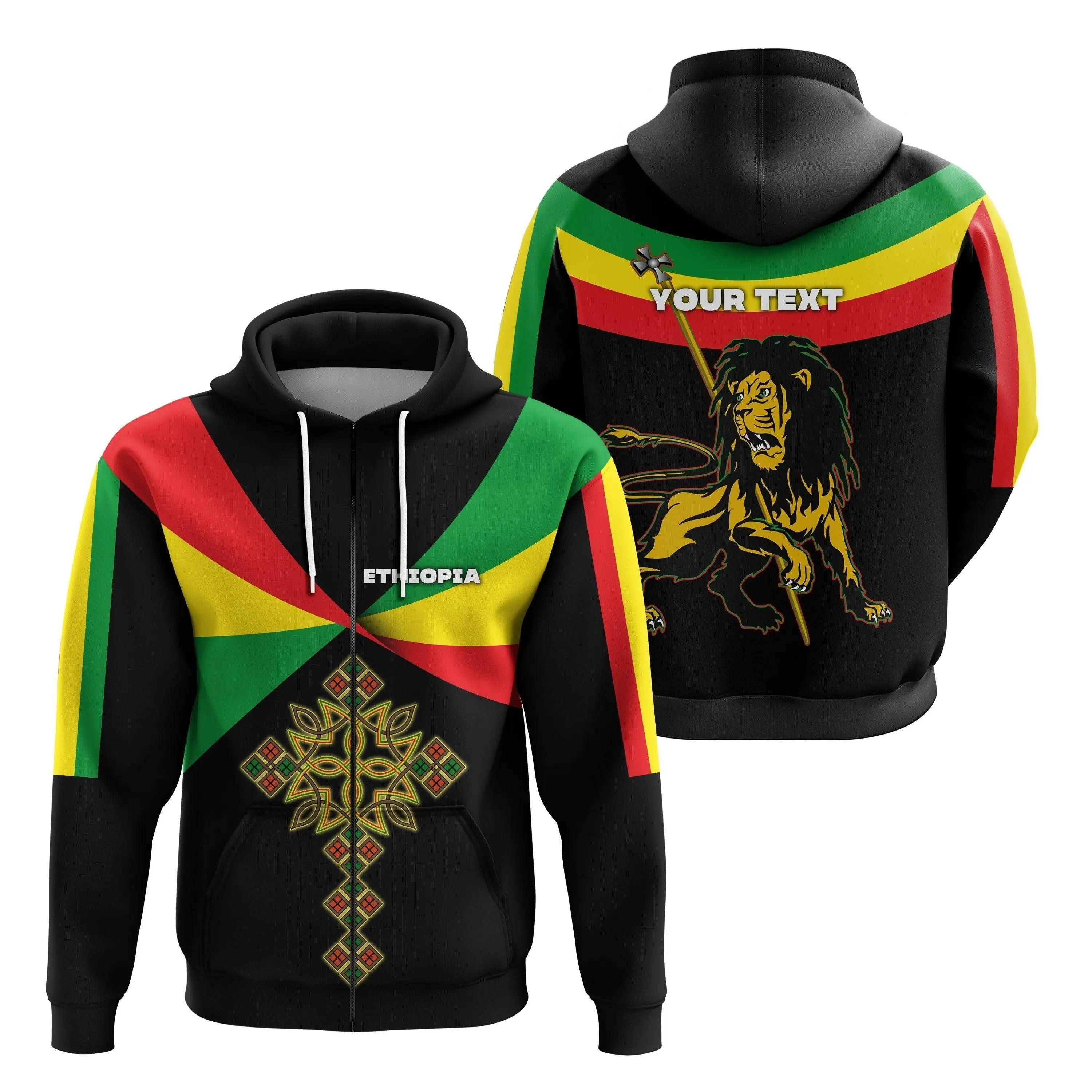 Hot Sell Custom Ethiopia Cross Zip Hoodie Breathable Full Zip Up Hoodie Bulk Habesha Ethiopian Traditional Hoodies Sweatshirt