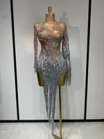 Robe transparente en maille à franges et strass scintillants pour femme, tenue de soirée sexy et luxueuse pour anniversaire, danse ou séance photo