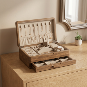 Wood Jewelry Storage Box with <b>Mirror</b> Drawer and Rails Carved Necklace Ring Earring Organizer <b>Tabletop</b> Display - Product Image 3