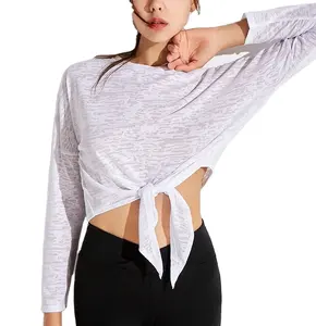 Camiseta corta de manga larga para mujer para entrenamiento Fitness Gym Yoga con dobladillo atado