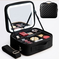 Sac de maquillage de voyage portable QET1078 avec miroir LED, séparateurs réglables, bandoulière, sacs et étuis cosmétiques professionnels pour femmes
