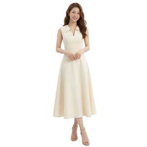 Vestido midi color marfil para mujer, listo para enviar, elegante, sin mangas, con cuello camisero, corte en A, para verano, ropa de oficina, al mejor precio. - Product Image 1