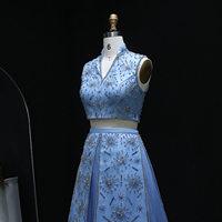 Jancember LSZ597 Ensemble classique bleu 2 pièces Cristal Volants Soirée Bal Vestido De Noite