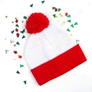 Custom Logo Winter Fold Over Cuffed Knit <b>Hat</b> Red White Pom Beanie for Holiday Promotions - Product Image 5