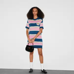 YT Striped Cotton And Wool-blend Dress With Patches Cotton Jersey Dresses