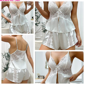 Dames européennes et américaines Sexy dentelle confortable jarretelle pyjamas ensemble fente Perspective maison en gros EY10375S - Product Image 6